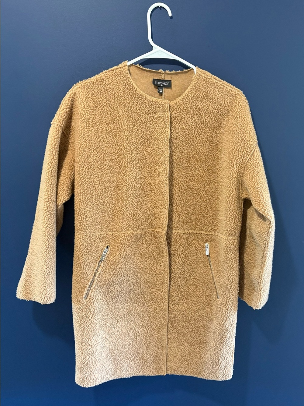 Topshop Tan Teddy Faux Fur Jacket with Zip Pockets - Size XS NWT